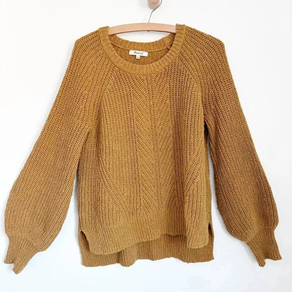 Madewell Cable Knit Crew Neck Pullover Sweater M Mustard Balloon Long Sleeve - Picture 1 of 11